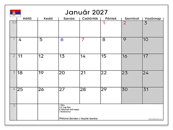nyomtatható naptár Január 2027 - Szerbia