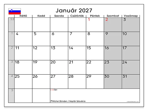 nyomtatható naptár Január 2027 - Szlovénia