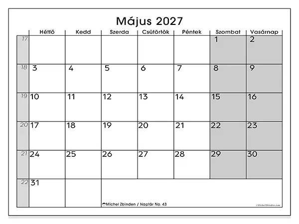 nyomtatható naptár Május 2027 - Jól áttekinthető