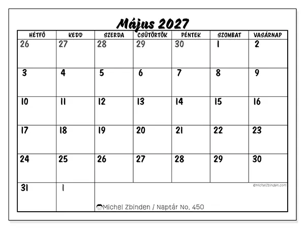 nyomtatható naptár Május 2027 - Részletes modell