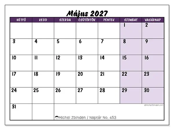 nyomtatható naptár Május 2027 - Színes feladatok
