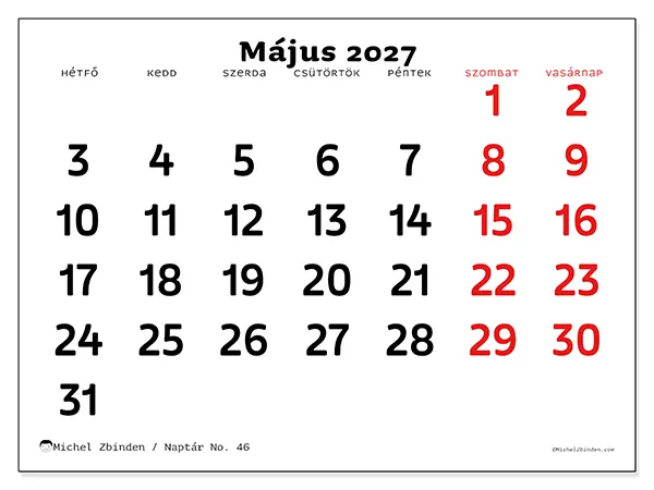 nyomtatható naptár Május 2027 - Tiszta kép