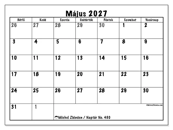 nyomtatható naptár Május 2027 - Teljes tervezés