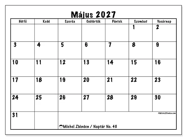 nyomtatható naptár Május 2027 - Napi tervek