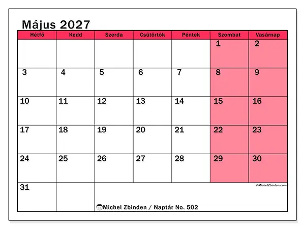 nyomtatható naptár Május 2027 - Világos hónap