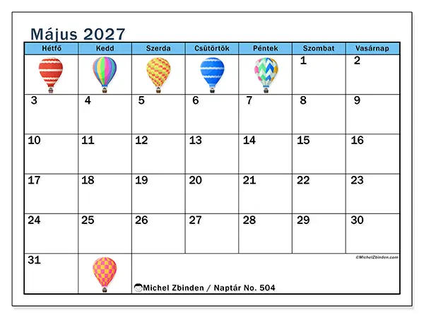 nyomtatható naptár Május 2027 - Hőlégballonok