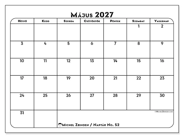 nyomtatható naptár Május 2027 - Munkaterv