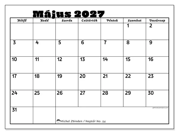 nyomtatható naptár Május 2027 - Családi tevékenységek