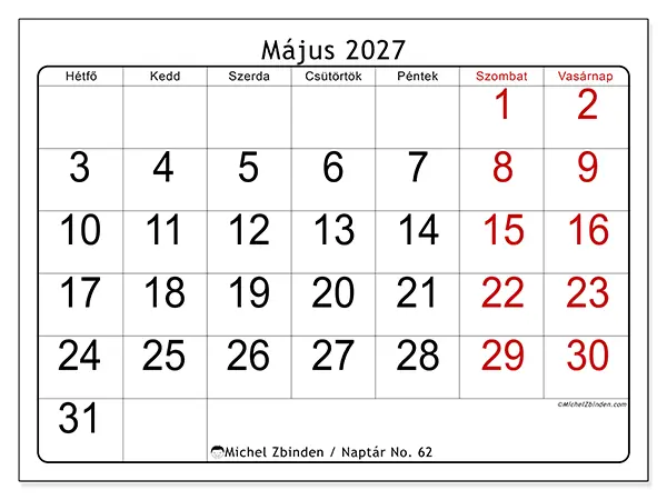 nyomtatható naptár Május 2027 - Gyors áttekintés