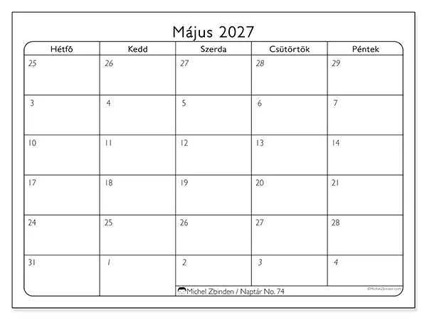 nyomtatható naptár Május 2027 - Munkanapok