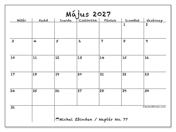 nyomtatható naptár Május 2027 - Iskola és család