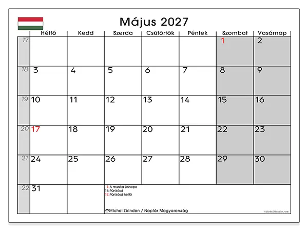 nyomtatható naptár Május 2027 - Magyarország