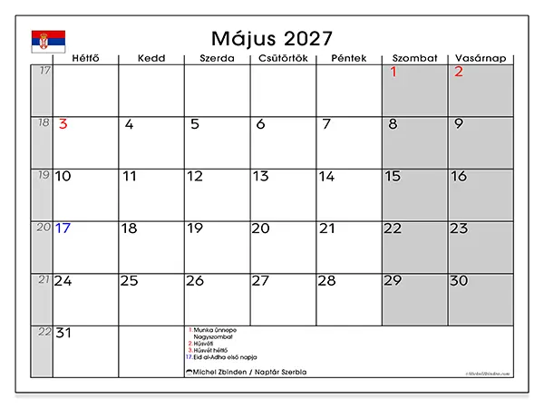 nyomtatható naptár Május 2027 - Szerbia