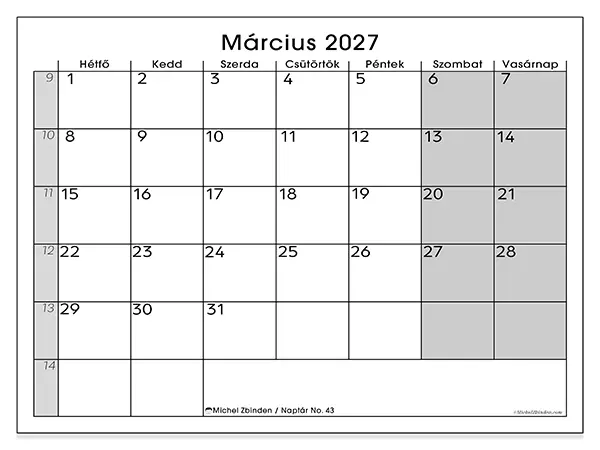 nyomtatható naptár Március 2027 - Jól áttekinthető
