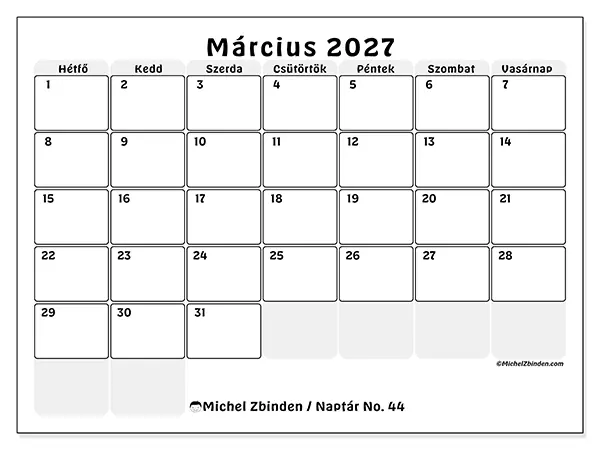 nyomtatható naptár Március 2027 - Jól tagolt terv
