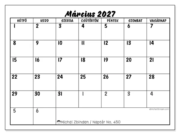 nyomtatható naptár Március 2027 - Részletes modell