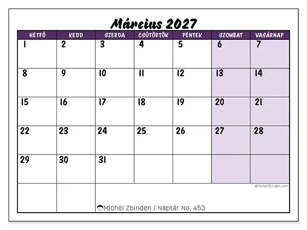 nyomtatható naptár Március 2027 - Színes feladatok