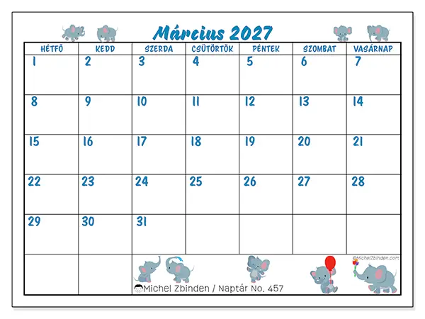 nyomtatható naptár Március 2027 - Kis elefántok