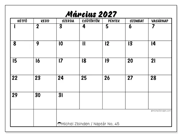 nyomtatható naptár Március 2027 - Iskolai siker