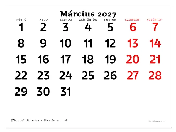 nyomtatható naptár Március 2027 - Tiszta kép