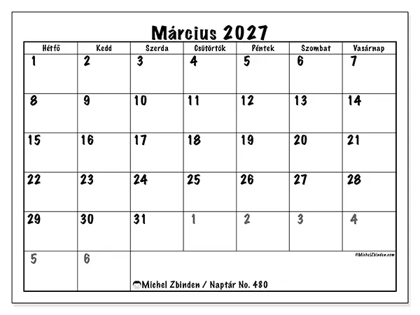 nyomtatható naptár Március 2027 - Teljes tervezés