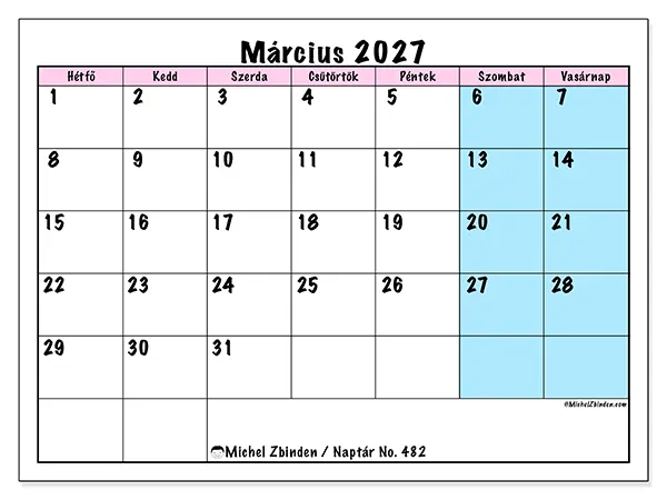 nyomtatható naptár Március 2027 - Csapat időbeosztás