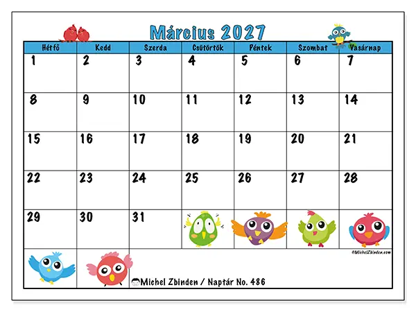 nyomtatható naptár Március 2027 - Vicces madarak