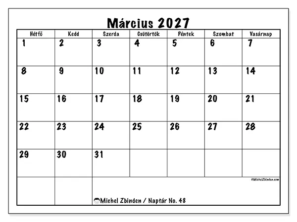 nyomtatható naptár Március 2027 - Napi tervek
