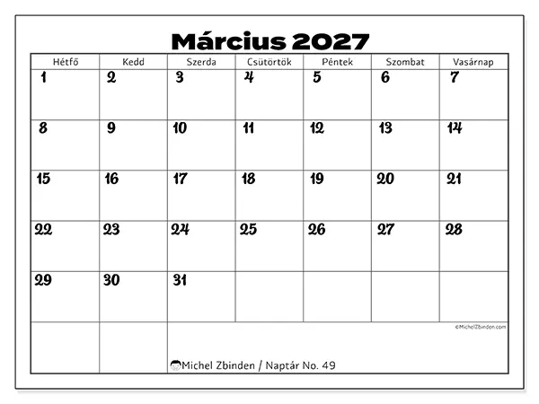 nyomtatható naptár Március 2027 - Munka összehangolása