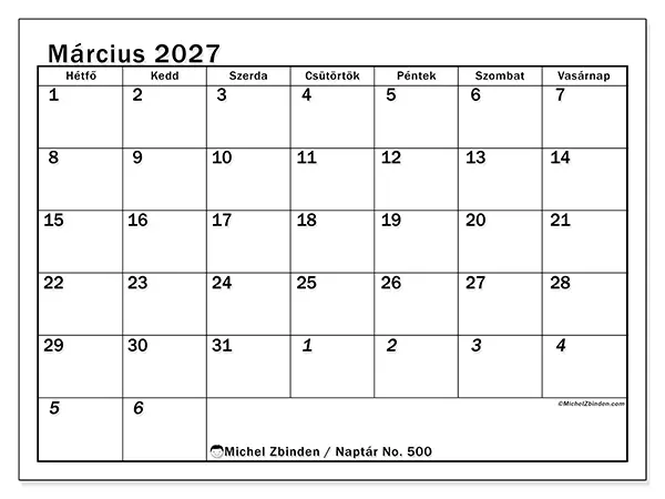 nyomtatható naptár Március 2027 - Intenzív tervezés