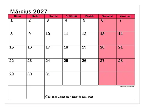 nyomtatható naptár Március 2027 - Világos hónap
