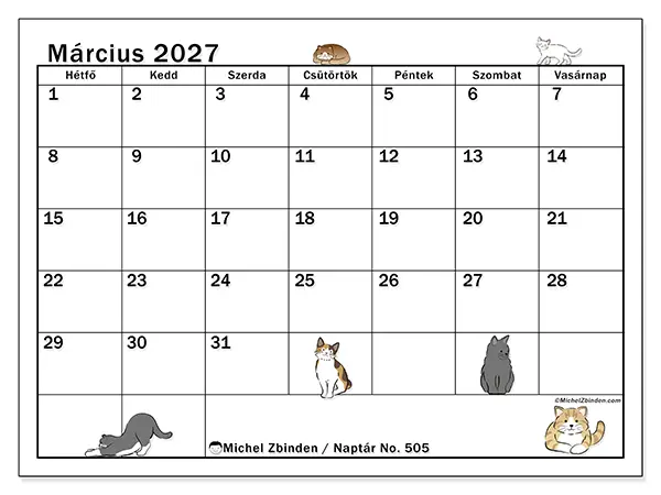 nyomtatható naptár Március 2027 - Macska élete