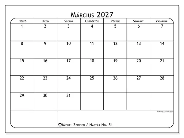 nyomtatható naptár Március 2027 - Étkezéstervező