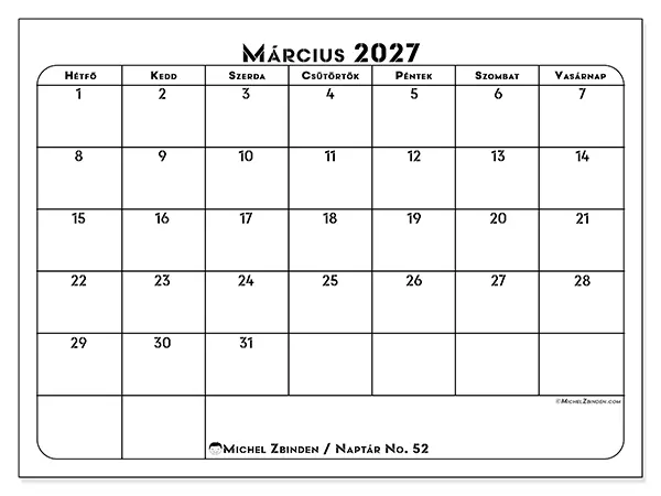 nyomtatható naptár Március 2027 - Munkaterv