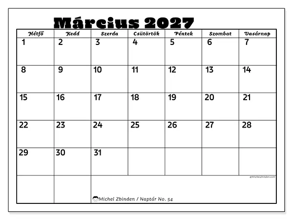 nyomtatható naptár Március 2027 - Családi tevékenységek