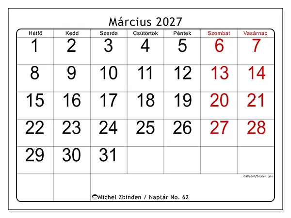 nyomtatható naptár Március 2027 - Gyors áttekintés