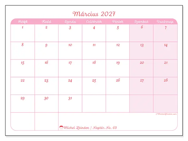 nyomtatható naptár Március 2027 - Nyugodt megjelenés