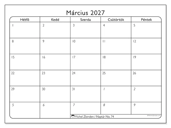 nyomtatható naptár Március 2027 - Munkanapok
