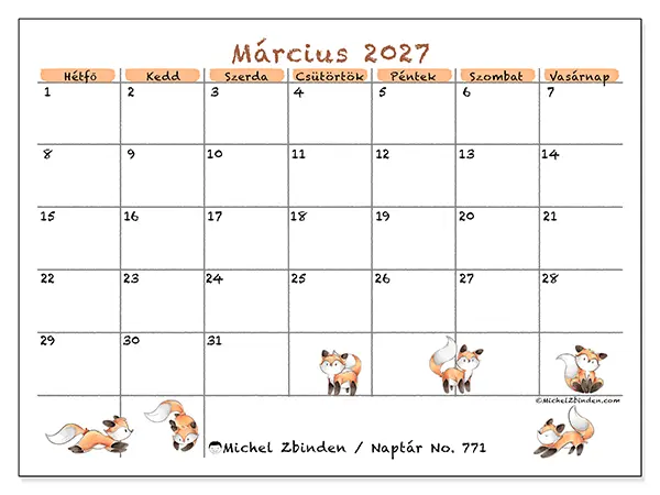 nyomtatható naptár Március 2027 - Róka rajzok