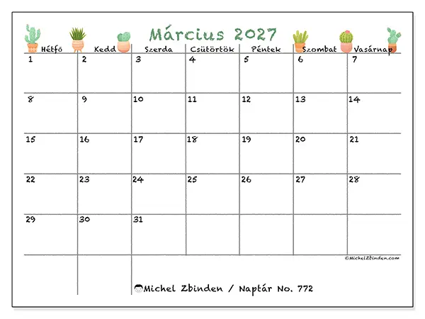 nyomtatható naptár Március 2027 - Dekoratív kaktuszok