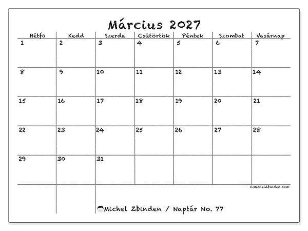 nyomtatható naptár Március 2027 - Iskola és család
