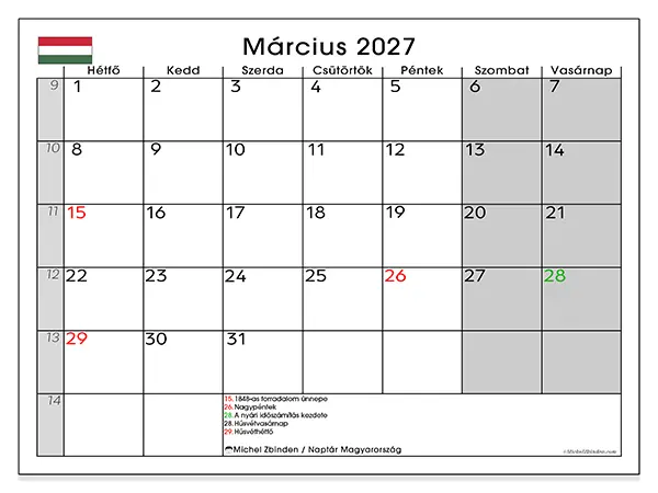 nyomtatható naptár Március 2027 - Magyarország