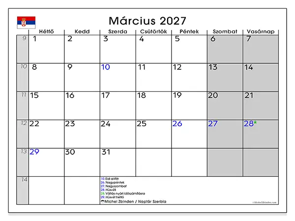 nyomtatható naptár Március 2027 - Szerbia