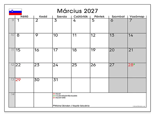 nyomtatható naptár Március 2027 - Szlovénia