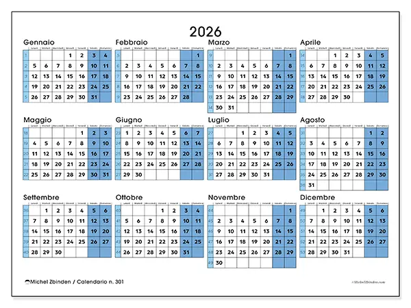 Calendario annuale 2026 da stampare - Pronto per l'università