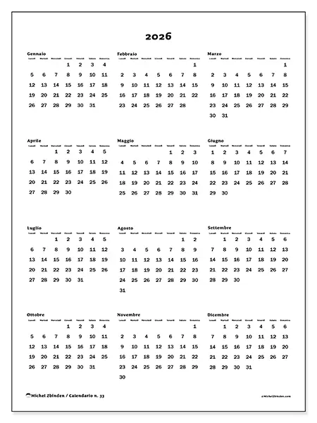 Calendario annuale 2026 da stampare - Visione generale