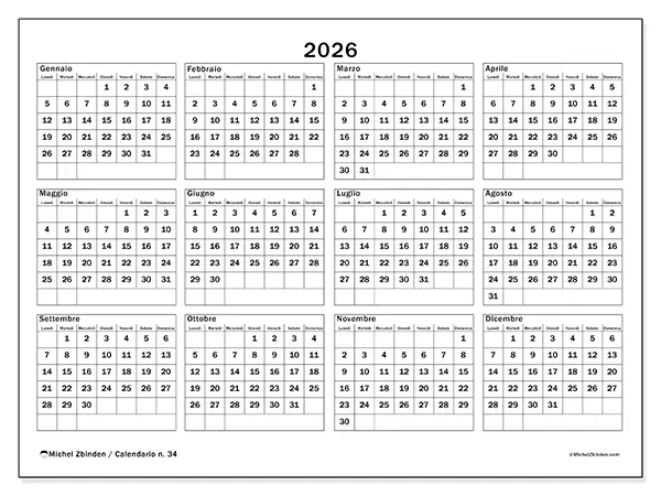 Calendario annuale 2026 da stampare - Vacanze e tempo libero