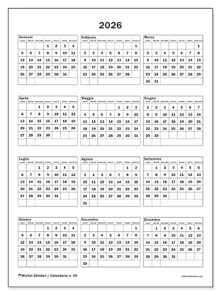 Calendario annuale 2026 da stampare - Feste in famiglia