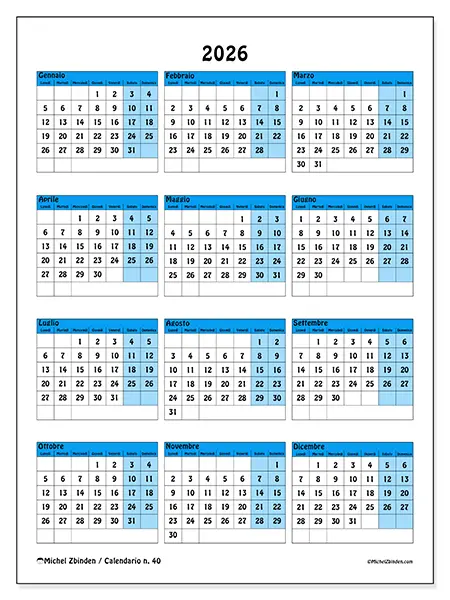Calendario annuale 2026 da stampare - Organizzazione colorata