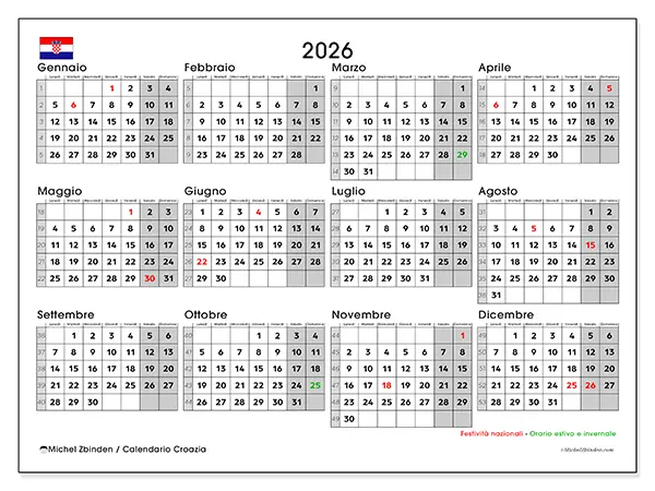 Calendario annuale 2026 da stampare - Croazia
